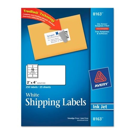 AVERY Avery® Shipping Labels with TrueBlock Technology, 2 x 4, White, Ink Jet, 250/Pack 8163